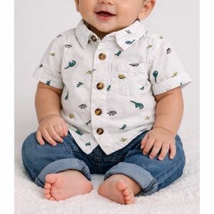 CARTER’S • White/Multi Dinosaur Print Button-Down Short Sleeve Shirt, 3M